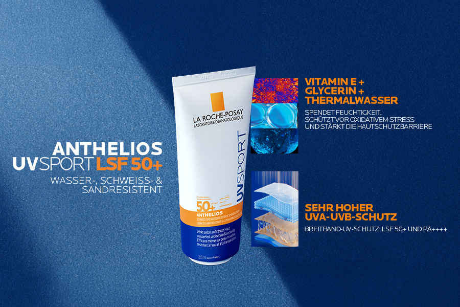 La Roche Posay Anthelios UV Sport Gel LSF 50+ Tube. Inhaltsstoffe: Vitamin E, Glycerin, Thermalwasser. Hoher UVA-/UVB-Schutz.